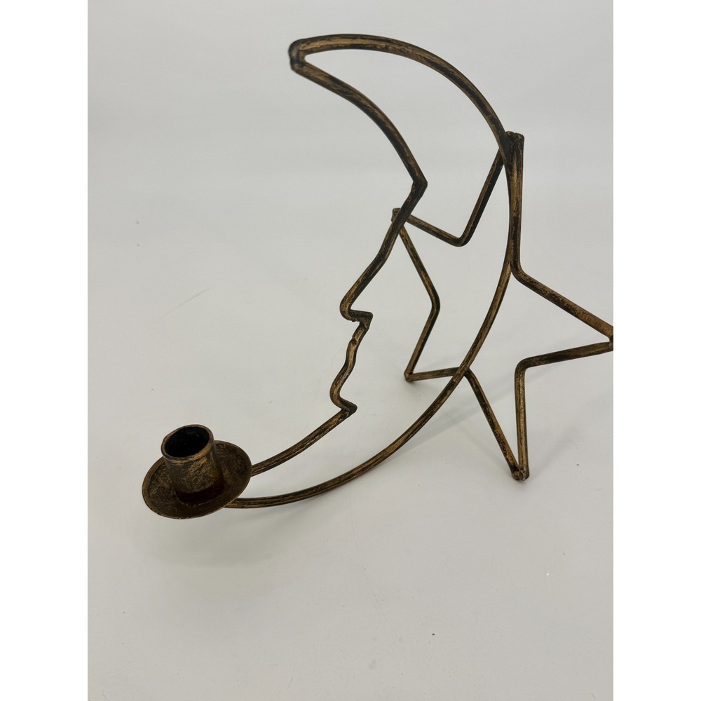 Vintage Celestial Moon & Star Taper Candle Holder Rustic Metal Art Brushed Gold